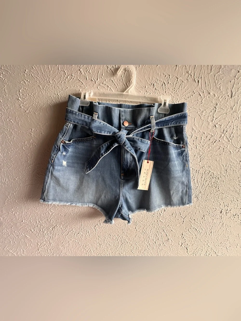 Alice + Olivia Paperbag Denim Shorts High Waist Belted Distressed Sz 32 NWT